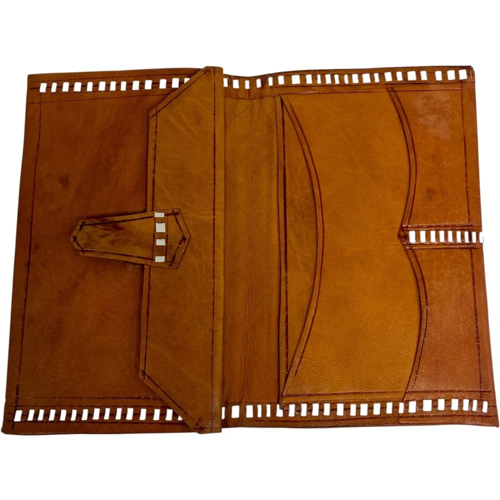 Vintage Hand Tooled Leather Wallet Tan Boho Floral Embossed Whipstitch Good